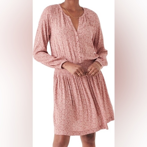 Faherty Montara Leaf Batik Long Sleeve Dress Pink Floral Casual Boho Women Small - Picture 2 of 16
